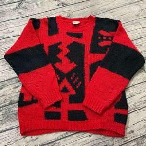 One Step‎ Up Vtg 80s Art to Wear Geometric Knit Pullover Sweater Red Colorblock